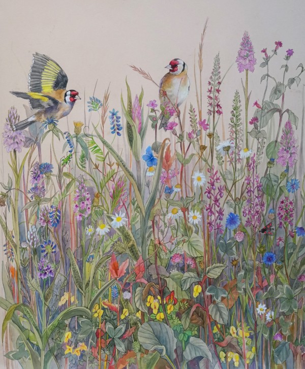 Emma Faull , Summer meadow: Goldfinches, Common Blue and Six-spot Burnet