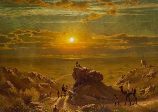James Fairman , An extensive view of the Holy Lands with travellers and camel drivers at sunset