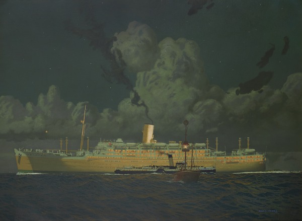Charles Pears , PSMA, ROI, The Orient liner Orcades outward bound on a starlit night and passing the Calshot Spit lightship in Southampton Water