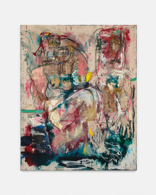 Daniel Crews-Chubb Out of Chaos I2024 Oil, acrylic, charcoal, spray paint, ink, sand, pigment stick, and collaged fabrics on canvas 118 ¼ x 94 ¾ in. (300.5 x 240.5 cm)