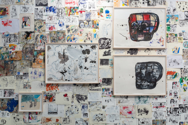 Installation view, "Eddie Martinez: Studio Wall Redux," Booth A14, Frieze London, 2023. Photo: Sebastiano Pellion di Persano.