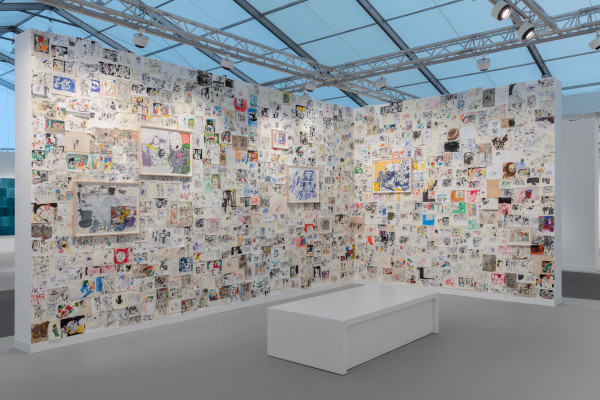Installation view, "Eddie Martinez: Studio Wall Redux," Booth A14, Frieze London, 2023.