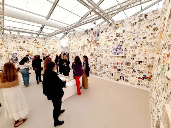 Installation view, "Eddie Martinez: Studio Wall Redux," Booth A14, Frieze London, 2023.