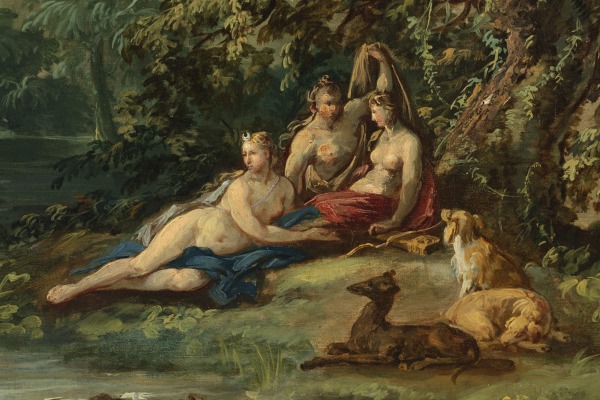 Gemälde von drei Frauen, die an einem Fluss liegen.