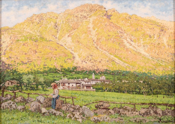 A landscape oil painting of a day at noon in May around Ivrea, Italy, showing a mountain, village and figure in the field.