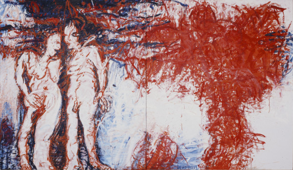 Oil painting comprised of two panels detailing Adam and Eve and their expulsion from paradise. The background is mostly white. The left panel includes a female and male figure rendered in red energetic brushmarks in front of a dark blue tree-like shape, w