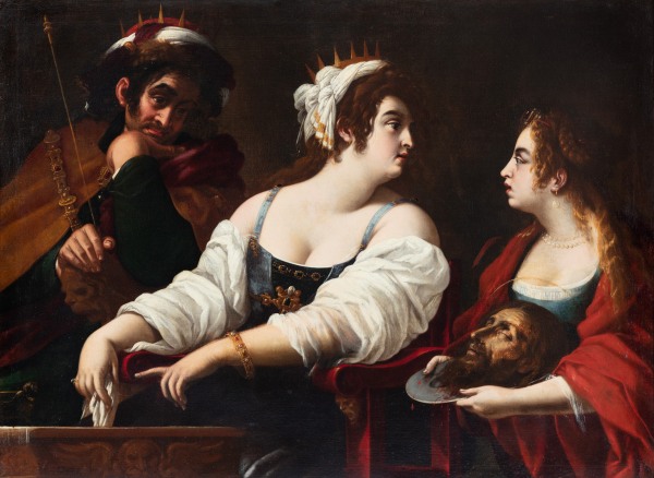 Oil painting of the biblical event from the New Testament, the story of the beheading of John the Baptist where the severed head is presented on a silver platter to Herod Antipas, ruler of Galilee under the Roman Empire who ordered his execution.