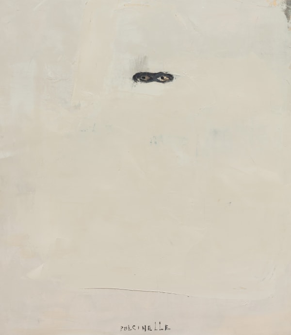 An oil painting with a pair of eyes protruding through the cream paint.
