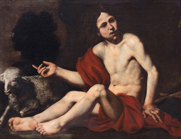 An oil painting of San Giovannino with a sheep.