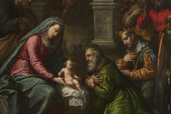 Detail eines Gemäldes, das Maria mit dem Jesuskind im Arm vor den Heiligen Drei Königen zeigt