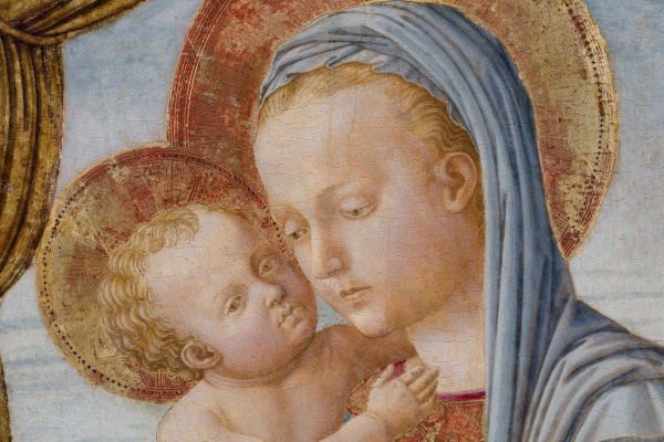 Detail of a tempera painting of the Virgin Mary and Jesus Christ.