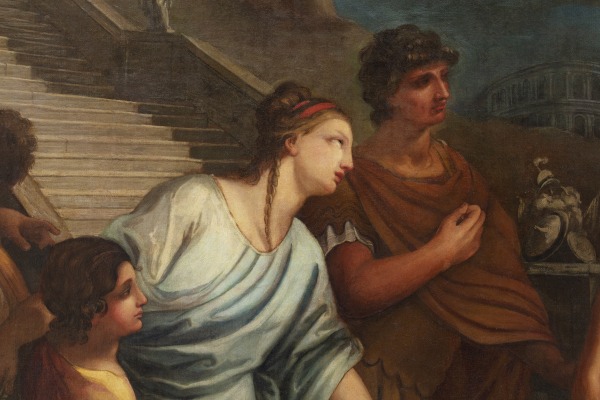 Detail eines Ölgemäldes, das eine Gruppe römischer Figuren zeigt, in deren Mittelpunkt ein Soldat steht, der von einer Frau und einem Kind angesprochen wird, umgeben von römischer Architektur.