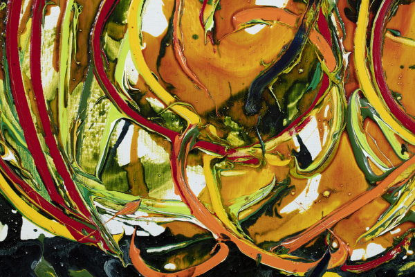 Detail of an abstract oil painting that uses fast-paced paint application to capture movement and reverberating fruit clusters in orange and red against a dark blue and green background.