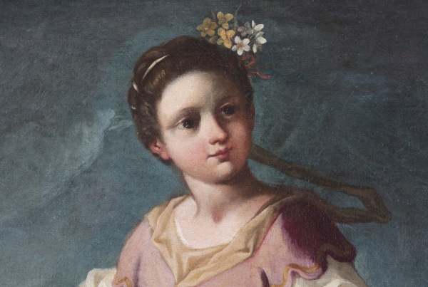 Detail of an oil on canvas painting of a young girl with flowers in her hair and a dark blue background.