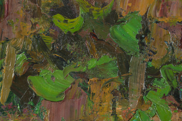 Detail of an abstract oil painting of a landscape in green, brown and blue.
