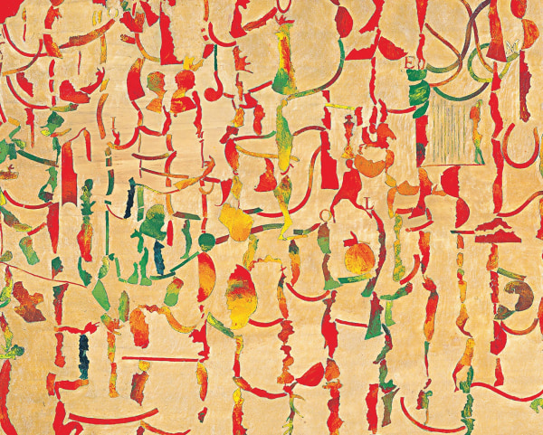 A mixed media artwork made up of red, green and yellow on a beige background.