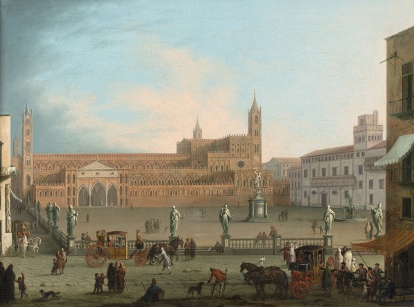 An oil painting of a busy market square in Palermo, Sicily, filled with sculptures, people and horse-drawn carriages, overlooked by a cathedral.