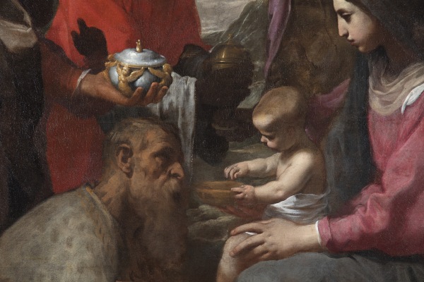 Detail des Gemäldes von Maria, die das Jesuskind hält, und dem Gesicht der Heiligen Drei Könige