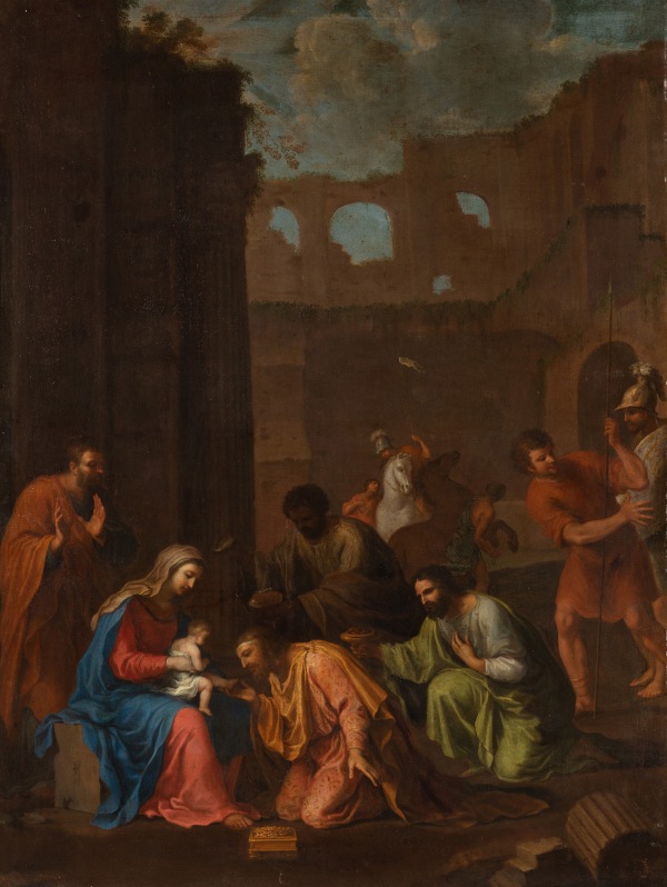 An oil painting of the Adoration of the Magi or Adoration of the Kings or Visitation of the Wise Men is the name traditionally given to the subject in the Nativity of Jesus in art in which the three Magi, represented as kings, especially in the West, havi