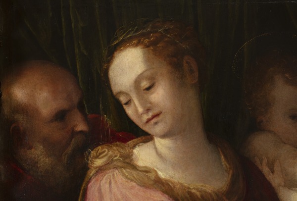 Detail eines Gemäldes mit der Darstellung der  Heilige Familie mit Johannes und Franziskus