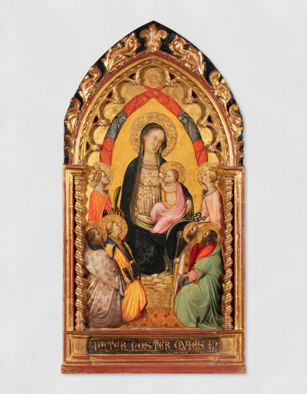 An oil painting of Madonna and child amongst the saints Bartolomeo, Lorenzo, Caterina, Dorotea, and Giovanni Evangelista.