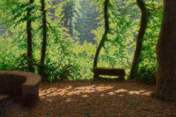 A detail of an oil on canvas painting of a wooded area.