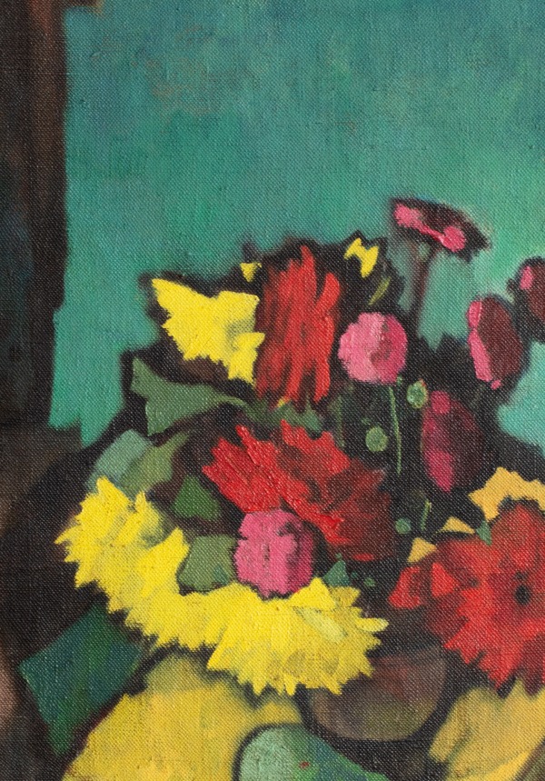 Detail of an oil painting of abstract flowers in red, pink and yellow against a green and brown background.