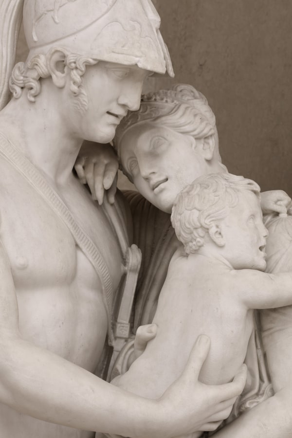 Detail of a marble sculpture depicting a scene from the Iliad, a major ancient Greek epic poem attributed to Homer, where the character Hector is saying farewell to his wife Andromache and son Astynax so that he could fight in the Trojan War.