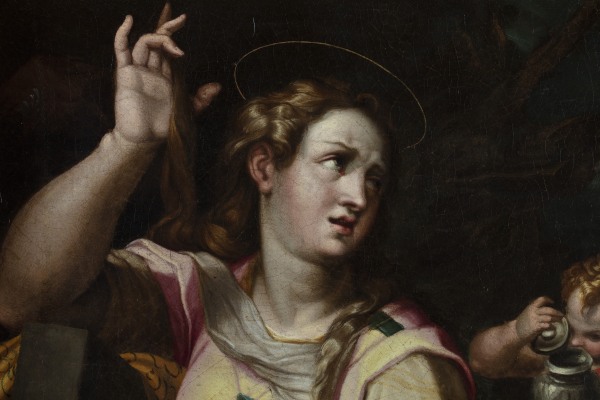 Detail eines Gemäldes mit dem Gesicht der Magdalena