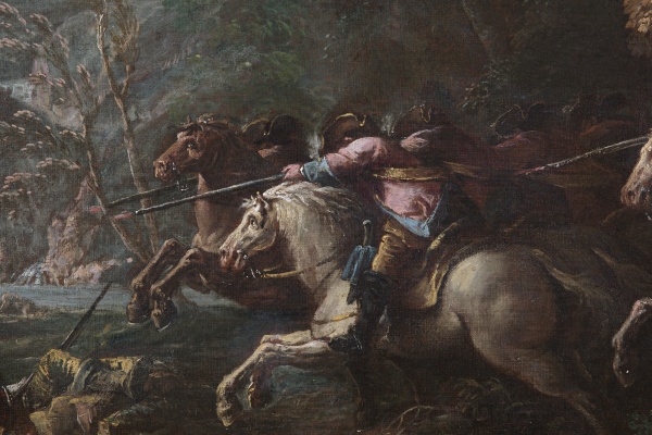 Detail of an oil painting of a battle in the forest.