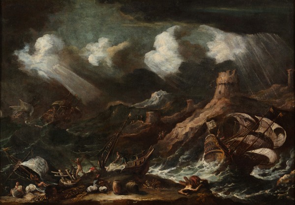 An oil painting of a fortification with storm and shipwreck.