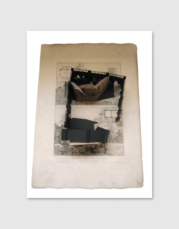 Gravur und dreidimensionale Karikatur, die eine Landschaft darstellt.