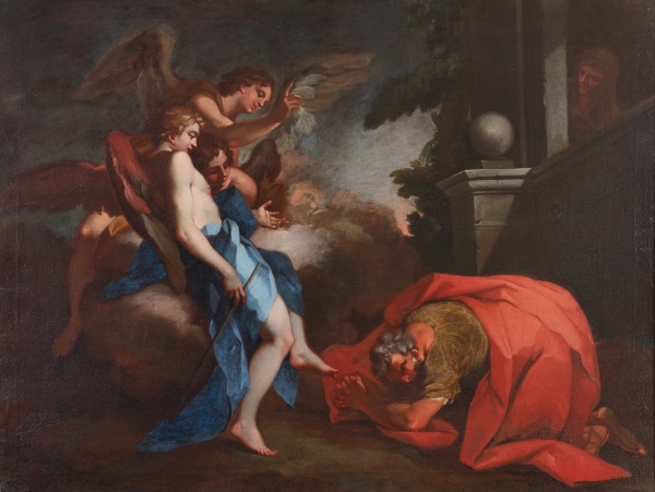 An oil painting of the biblical event the Trinity, three angels visiting Abraham at the Oak of Mamre (Genesis 18:1–8). Abraham is cloaked in rich red, while the angels are draped in vibrant blue.