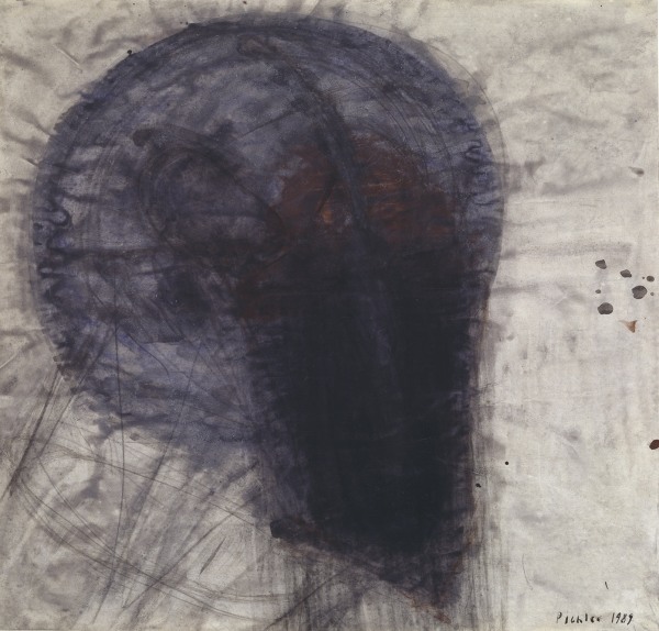 A mixed media study on paper of a metal sculpture by the same name consisting of two abstract, elongated heads facing each other.