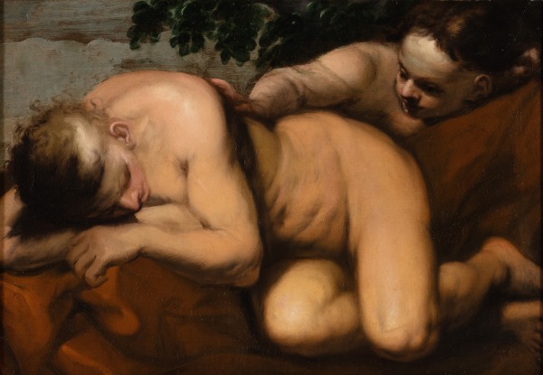 An oil painting of a sleeping menade. In Greek mythology, maenads were the female followers of Dionysus. One figure lays sleeping while another leans over, placing a hand on their shoulder.