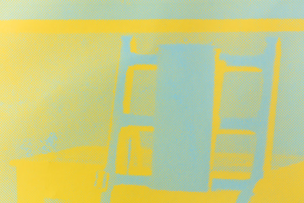 Detail of a silkscreen print of an electric chair in yellow and blue.