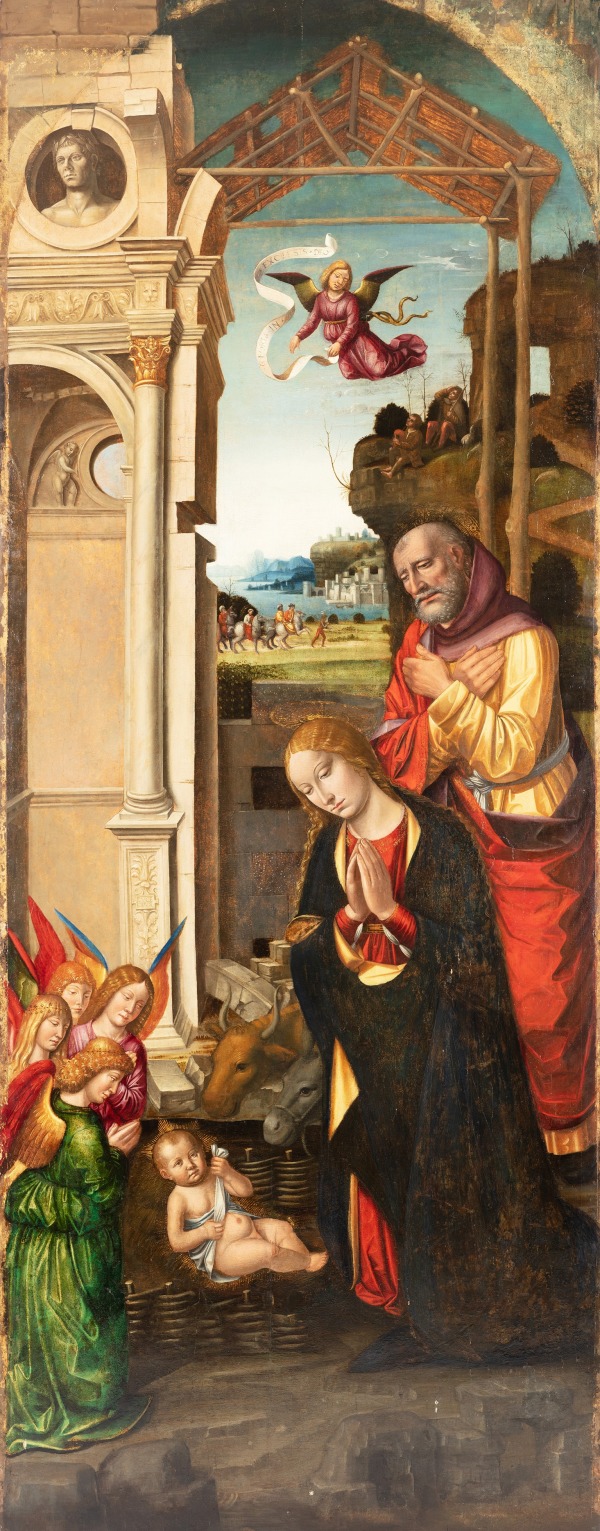 An oil painting of the adoration of the Christ Child.