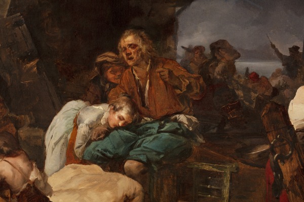 Detail of an oil painting of refugees from a burned village.