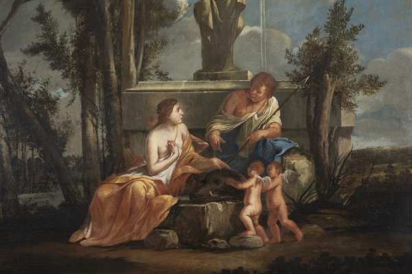 Gemälde, das die Figur der Diana, Atalanta, zwei Cherubim und den Kopf eines Ebers darstellt.