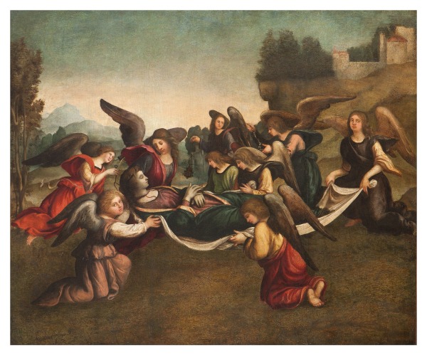 An oil painting of the funeral of the Virgin surrounded by angels in nature.
