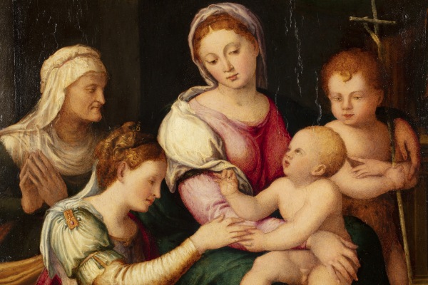 An oil painting of the mystical marriage of Saint Catherine to baby Jesus.