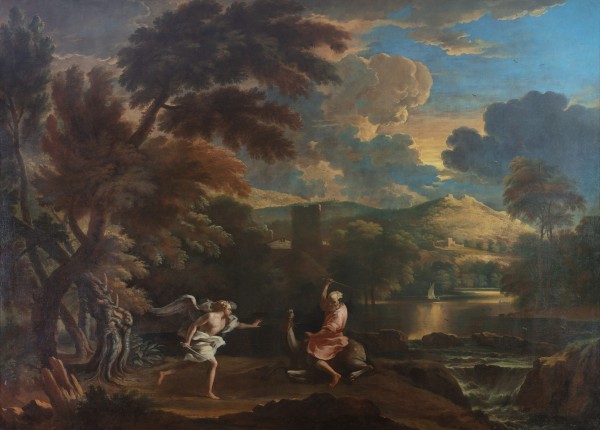 An oil painting of a landscape with the Prophet Balaam and an angel.