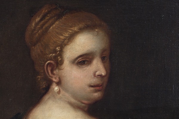 Detail of an oil painting of a portrait of a young woman.