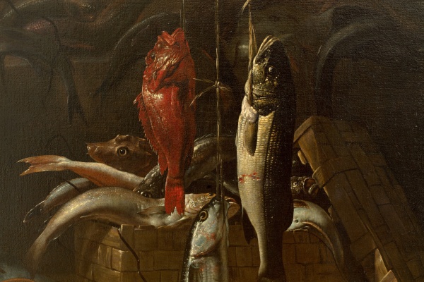Detail of an oil painting of a still life with fish and copper basin.