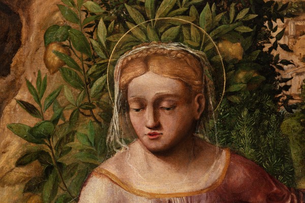 Detail of an oil painting of the Madonna with Child and Saint Anne in nature.