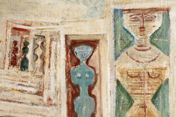 Detail of an oil painting that depicts a structure and female figures in a minimalist style. The image is composed of simple, geometric shapes, and the colours used are predominantly creams along with blues, greens and red.
