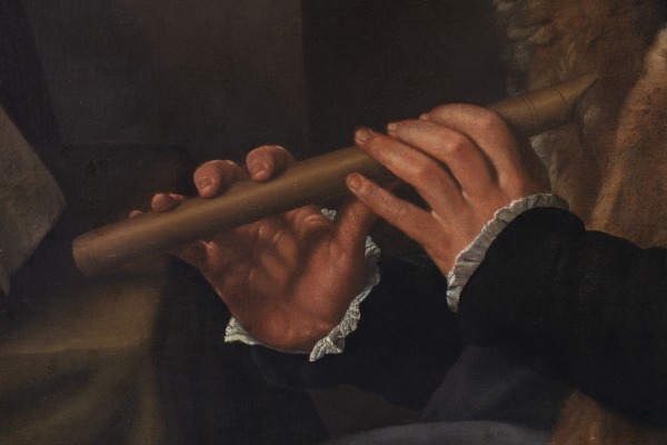 Ausschnitt eines Gemäldes, das Hände zeigt, die eine Flöte spielen wollen. 