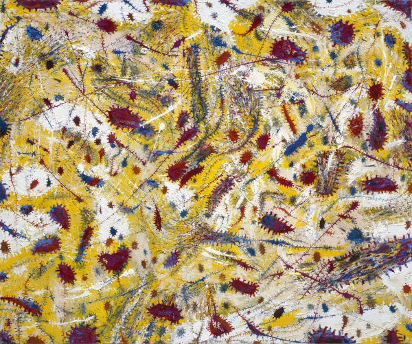 An oil painting in vibrant yellow and white, dotted with red shapes with flicks of red and blue paint.