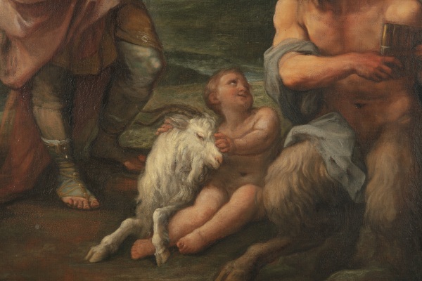Detail of an oil painting that depicts a story from Ovid's Metamorphoses, the Judgment of Midas, a musical contest between Apollo and Pan.