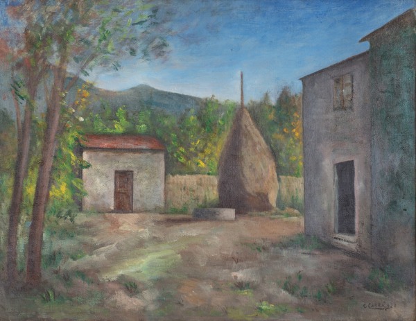 An oil painting of a rural scene.
